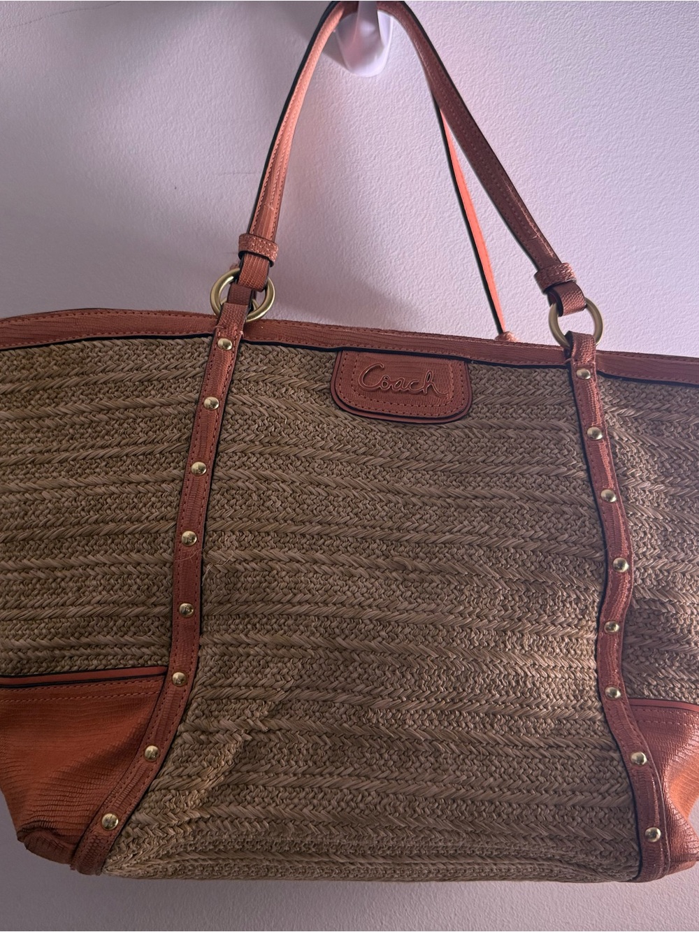 Coach Tan and Brown Woven Straw Tote with Leather Trim